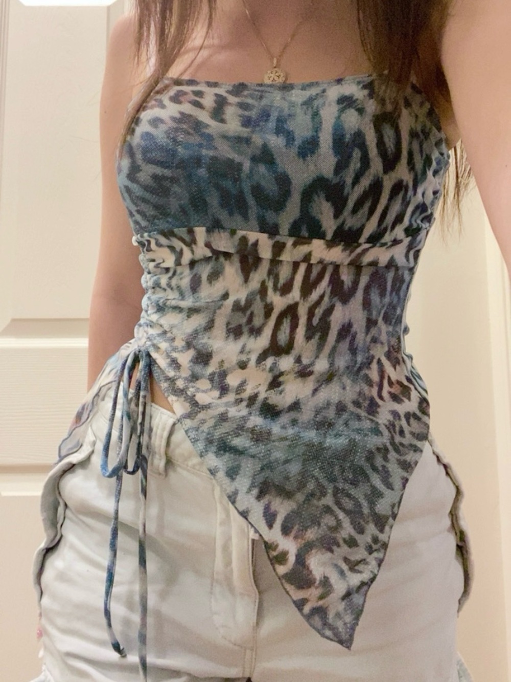 See You Monday Blue Animal Print Strapless Asymmetrical Top